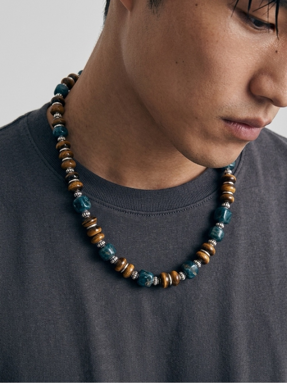 Beaded Crackle Quartz and Tiger Eye Necklace For Men.